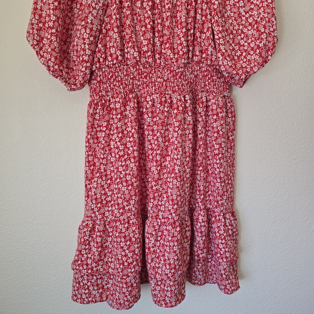 Lauren Conrad Women Sz S Peasant Mini Dress Ditsy Floral Tier Red Boho Tie Front - Picture 8 of 11